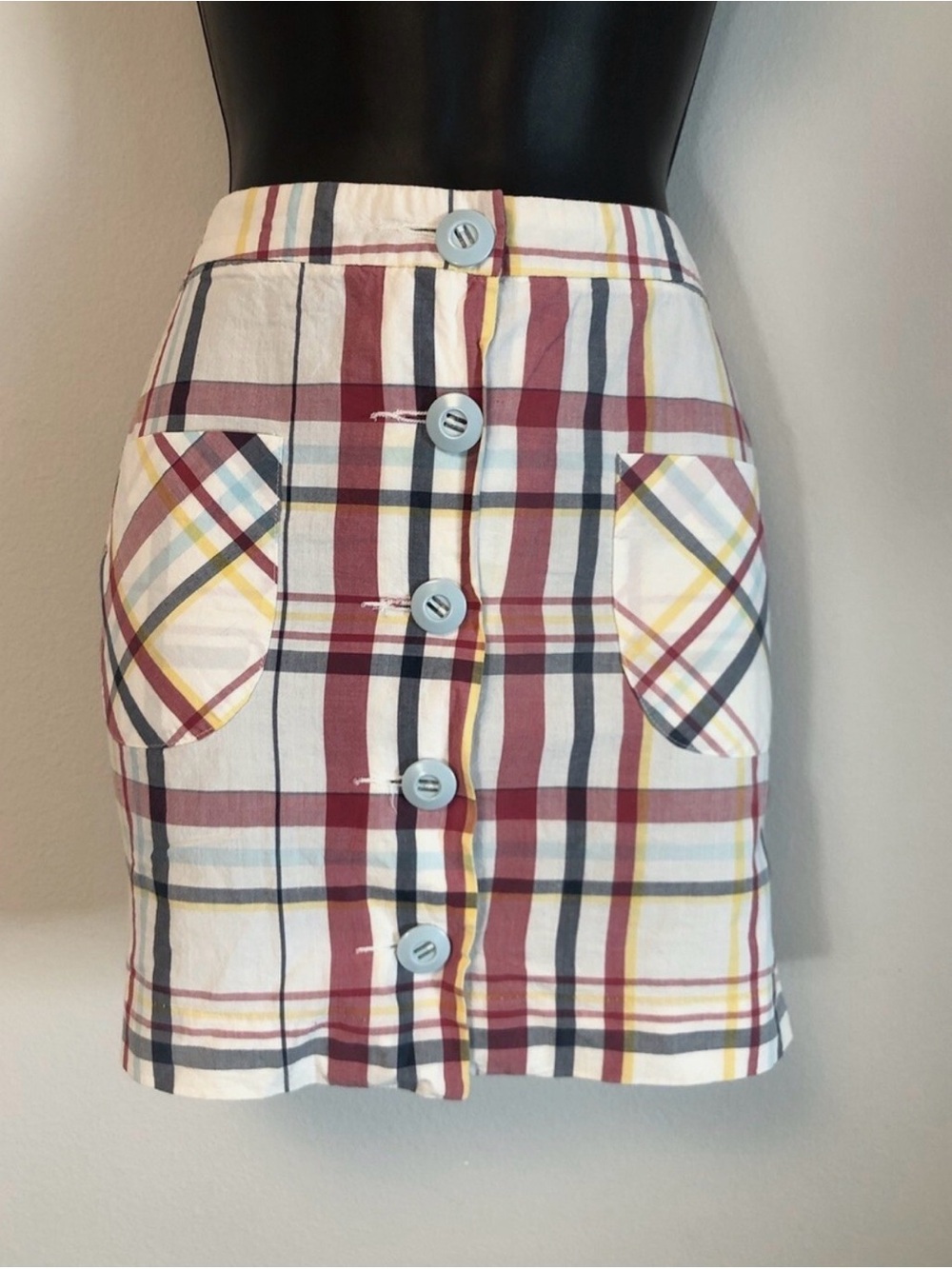 Lux White Plaid Button-Front Mini Skirt with Burgundy and Navy Stripes